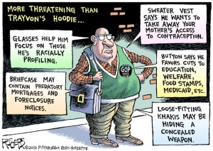 Trayvon's Hoodie - cartoon by Rob Rogers - Pittsburgh Post-Gazette