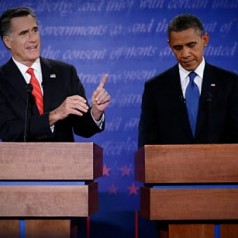 First Presidential Debate - 2012 election - Romney, Obama split screen